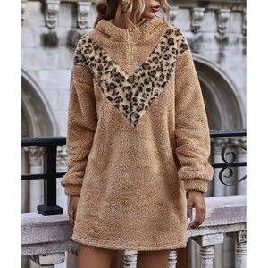 Khaki Leopard teddy Fleece long Hoodie Dress